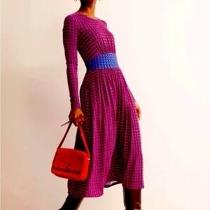 Boden Long Sleeve Midi Dress in Red with Blue Waist